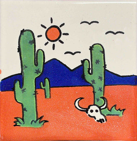 TRADITIONAL MEXICAN TILE - 3 CACTI AND SUN