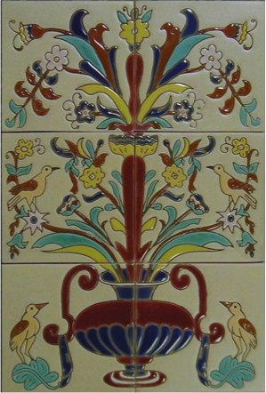 raised relief tile mural with flowers and birds