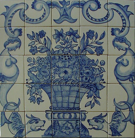 Blue European style tile floral mural