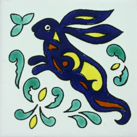 Mexican ceramic tile blue rabbit on white