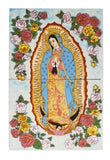 Tile mural of Virgen de Guadalupe with roses