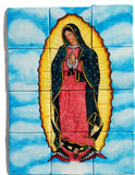 Tile mural of Virgen de Guadalupe with clouds and sky