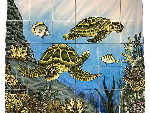 Hand Painted Sea Life Turtle Tile Mural